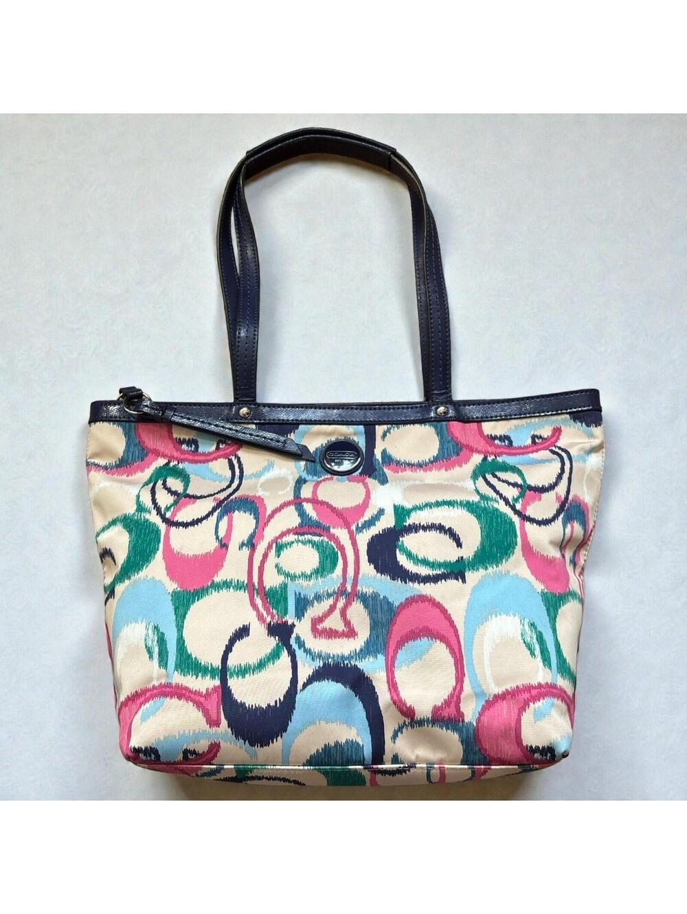 Coach Ikat Scribble Tote Bag Large Multicolor Canvas Blue Leather Trim Zip Y2K